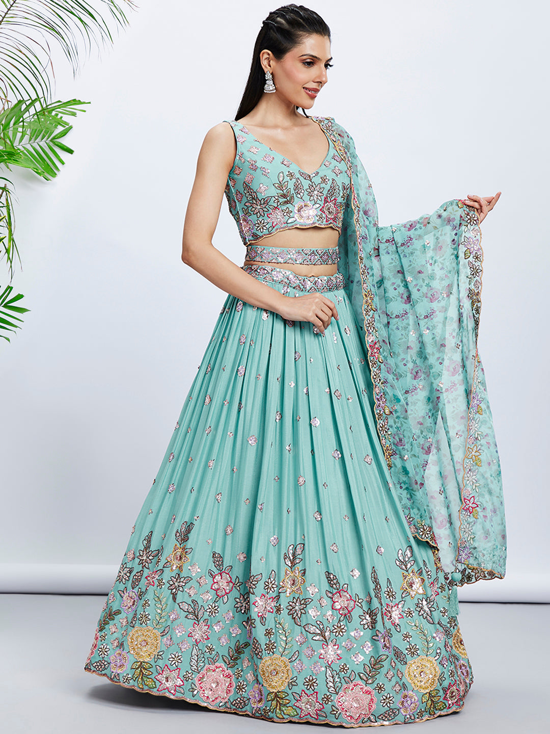 Women Turquoise blue Chiffon Sequins and thread embroidery  Lehenga choli & Printed Dupatta