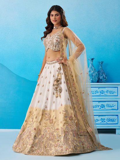Tissue Beads & Sequins Embroidered Omber Beige and Cream Semi-Stitched Lehenga choli & Dupatta