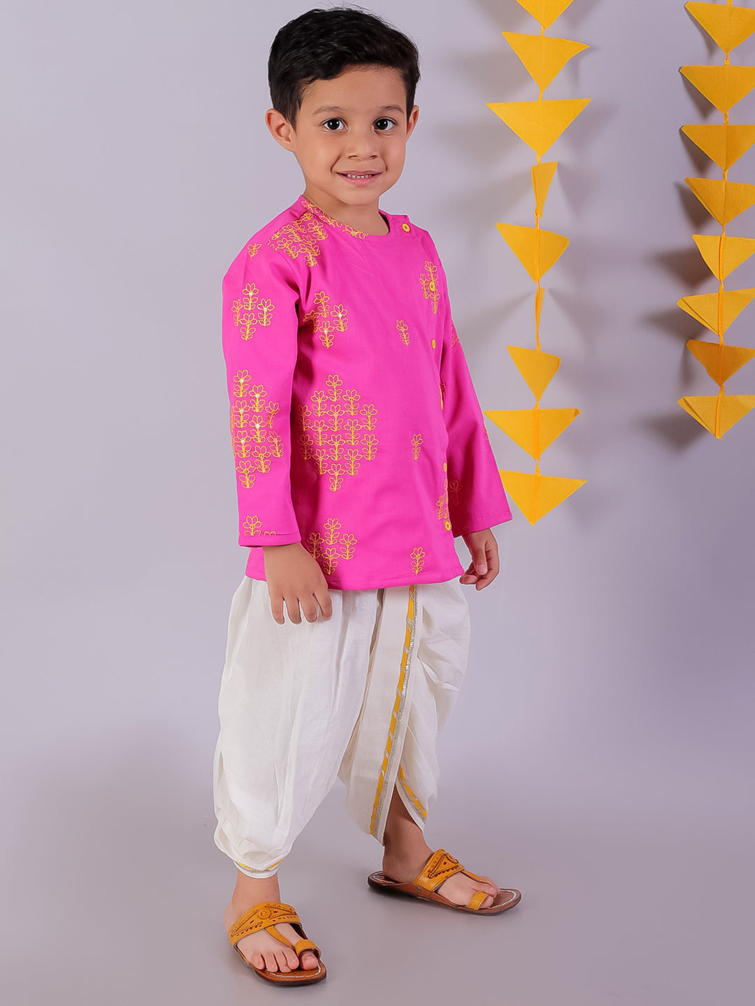 Marigold magic Pink Boys Cotton Kurta and White Dhoti Ethnic Set