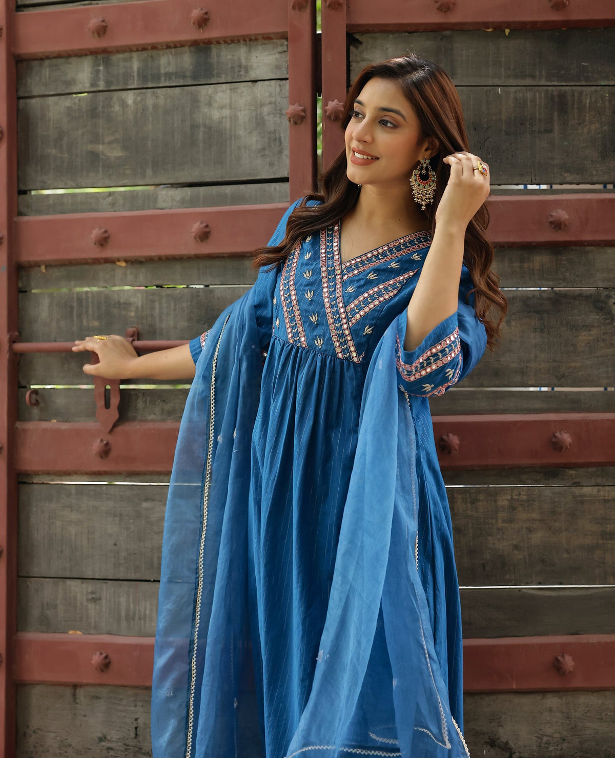 Rekha Blue Cotton Lurex Suit Set
