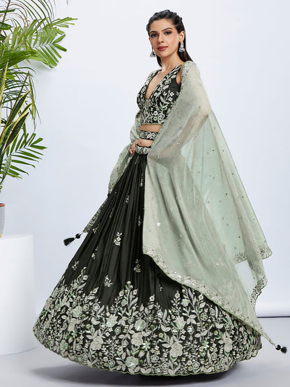 Women Olive Pure Georgette Sequins and thread embroidery  Lehenga choli & Dupatta