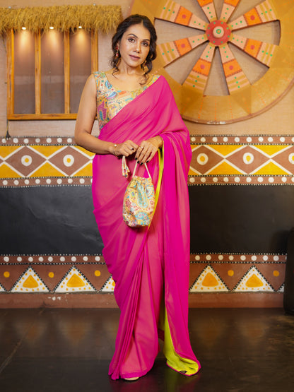 Dhiyona ST Pre-Draped 1-Minute Fuchsia Georgette with Neon Yellow Crepe Saree with Pearl Pendants and Blouse Fabric