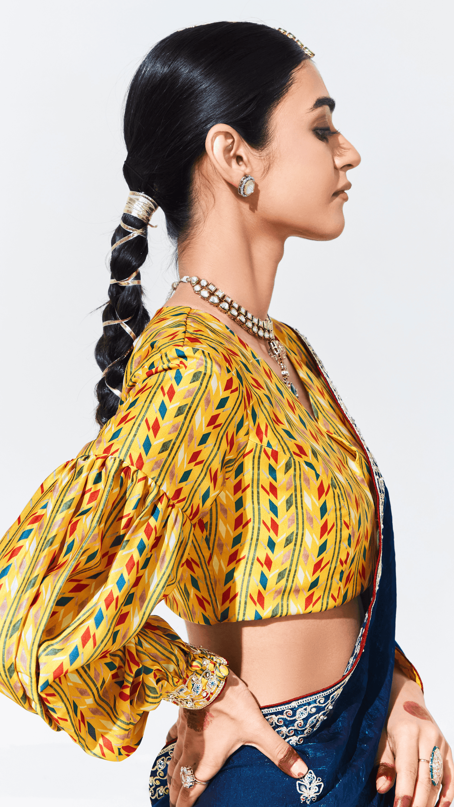 Dhiyona KM Women Royal Blue Silk Saree With Yellow Printed Puff-Sleeve Blouse “ A Perfect Blend Of Tradition & Trend