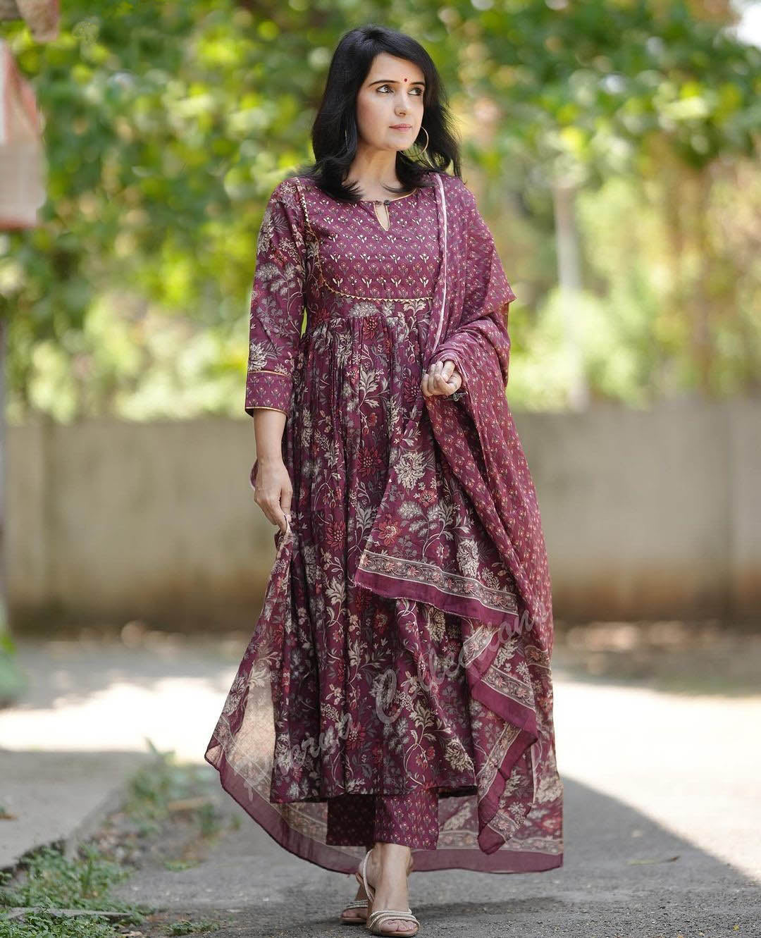 Women Viscose Maroon Anarkali Kurta And Pant Set With Dupatta