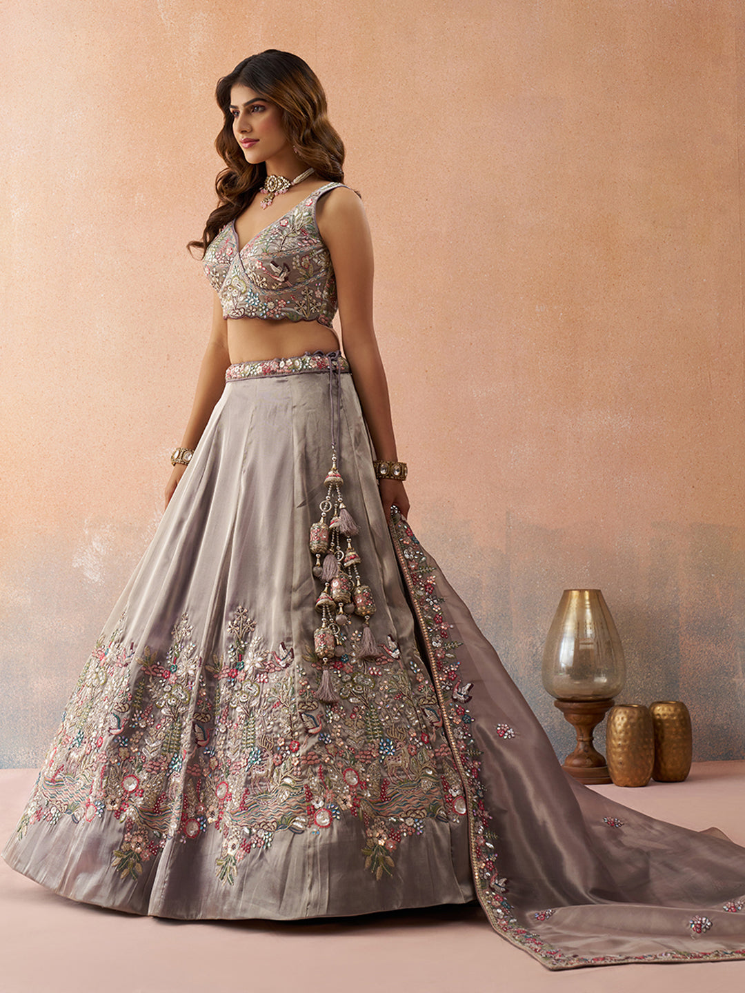 Lavender- Tissue Sequinned with Zarkan Embroidered Semi-Stitched Lehenga & Unstitched Blouse With Dupatta