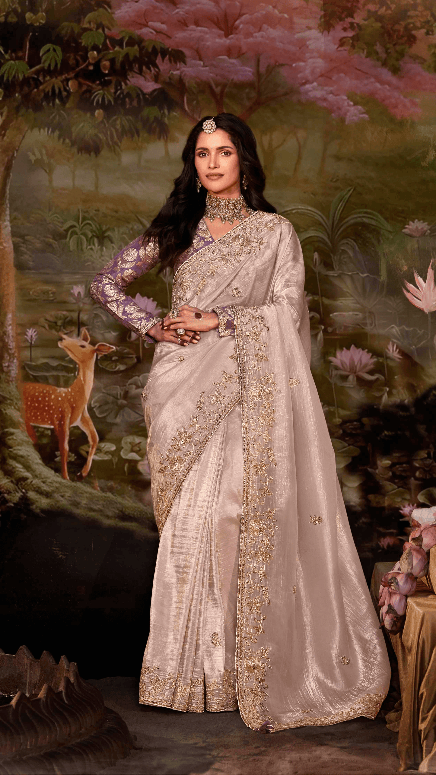 Dhiyona KM Women Light Pink Tissue Silk Saree