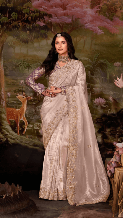 Dhiyona KM Women Light Pink Tissue Silk Saree