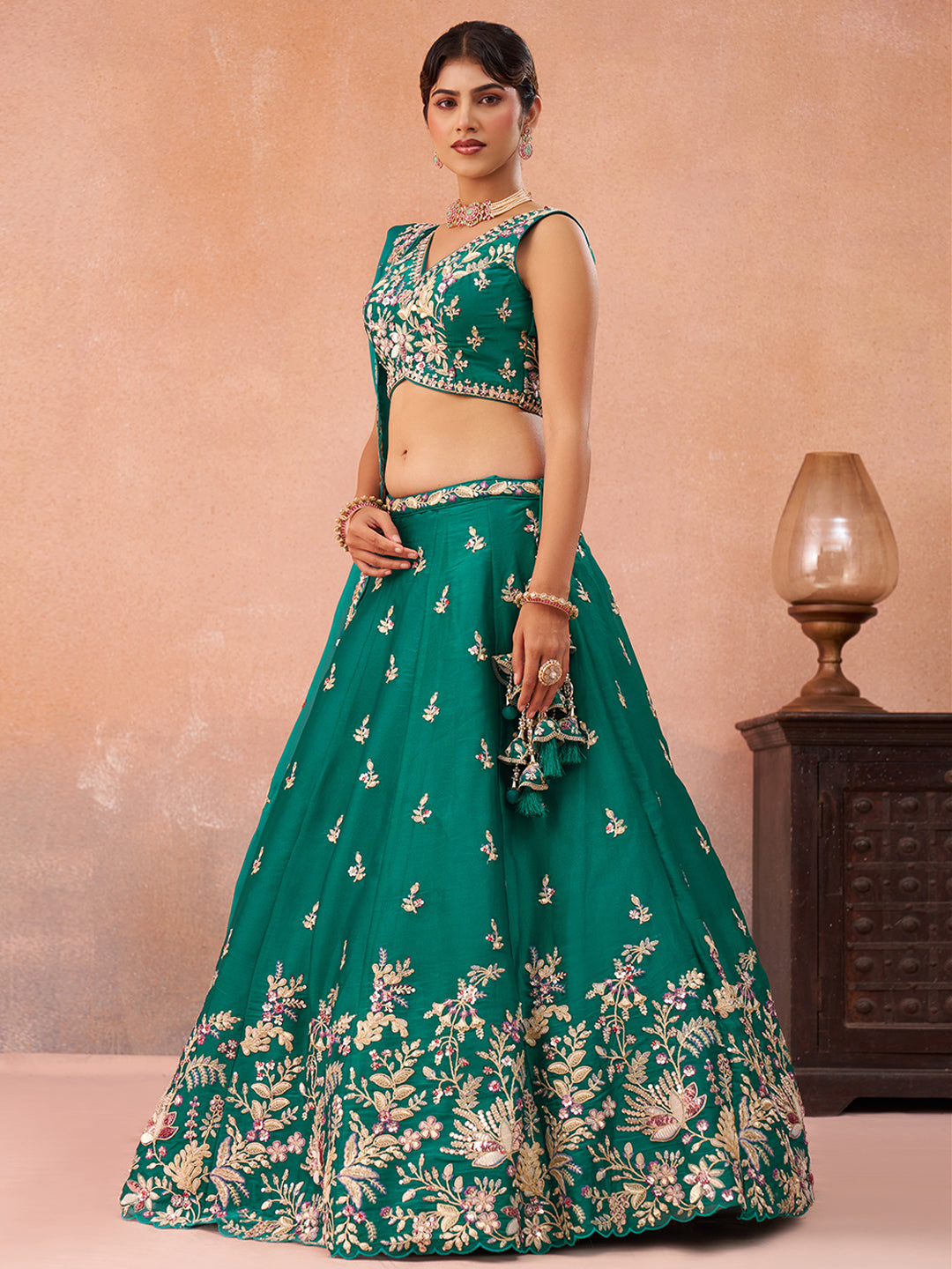Green- Tissue Sequinned with Zari Embroidered Semi-Stitched Lehenga & Unstitched Blouse With Dupatta
