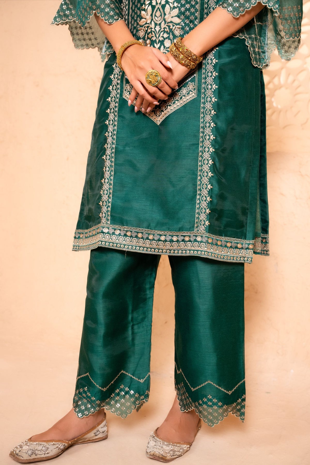 Sanjh Chanderi Embroidered Emerald  Suit Set