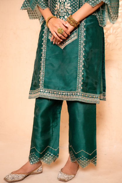 Sanjh Chanderi Embroidered Emerald  Suit Set