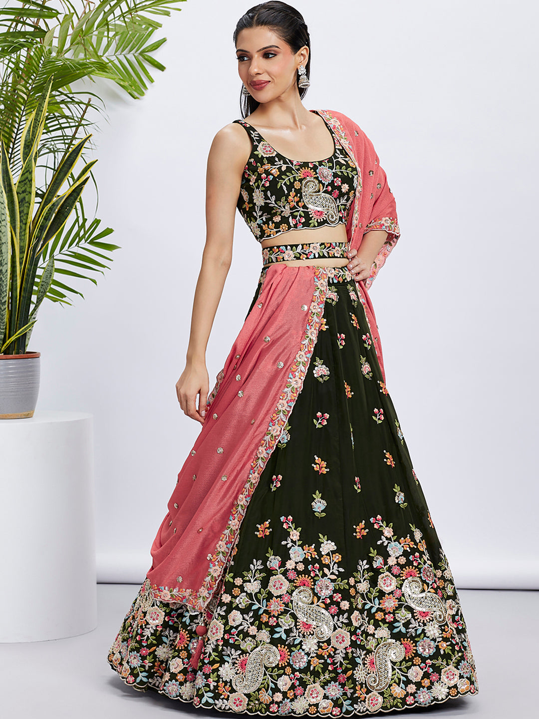 Women Olive Organza Sequins and thread embroidery  Lehenga choli & Dupatta