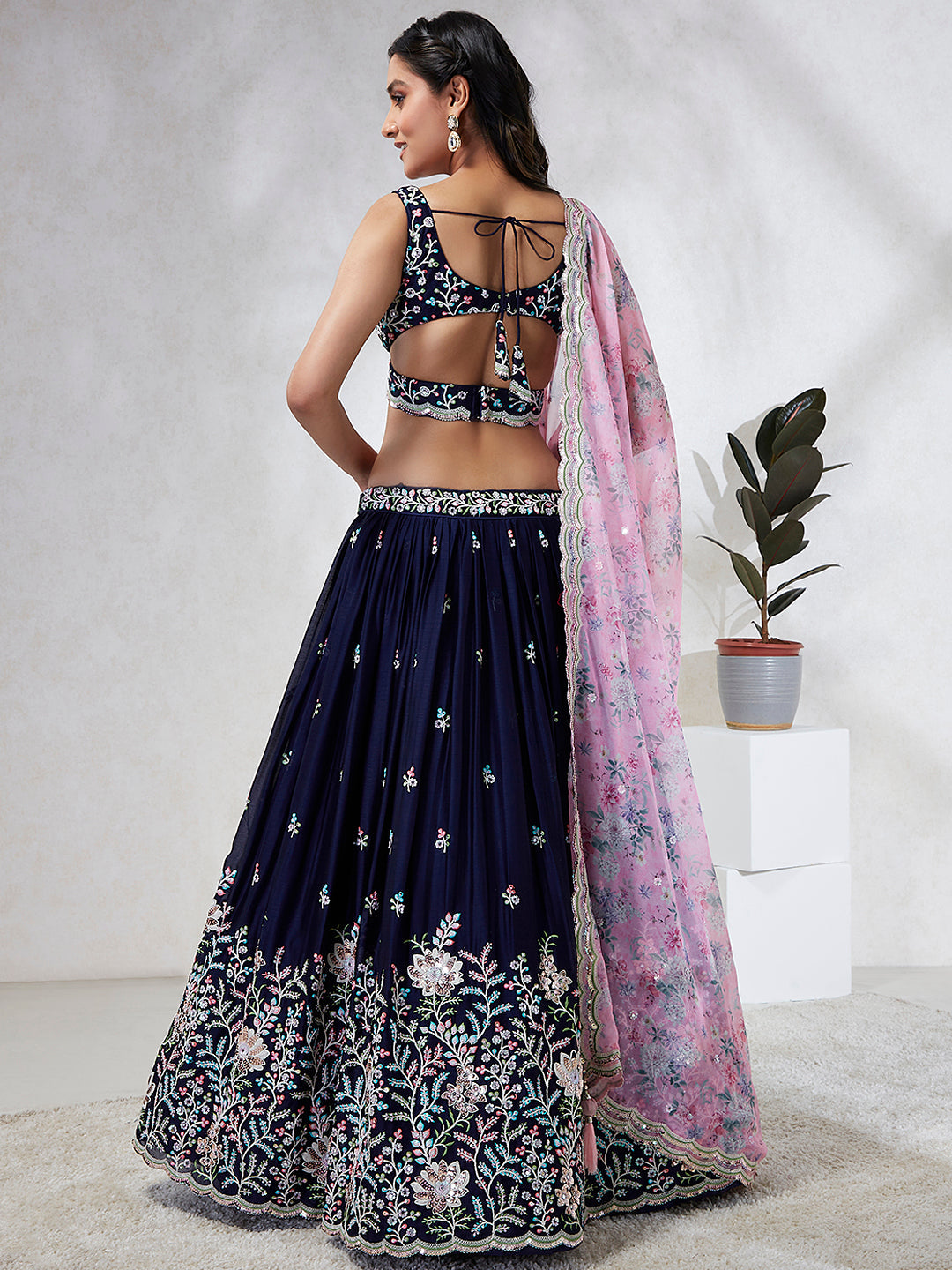 Women Navy Blue Georgette Sequins, Mirror and thread embroidery  Lehenga choli & Dupatta