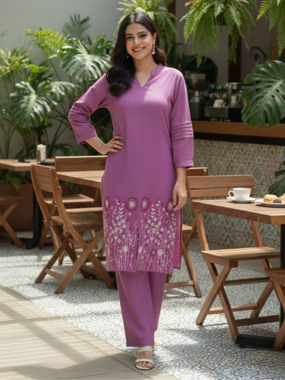 Viva Plum embroidery cotton kurta pant set