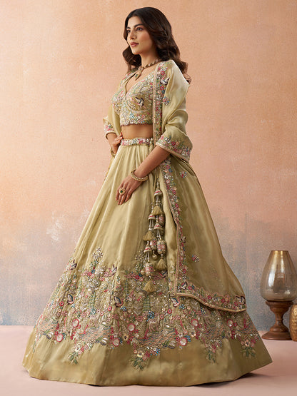 Beige- Tissue Sequinned with Zarkan Embroidered Semi-Stitched Lehenga & Unstitched Blouse With Dupatta