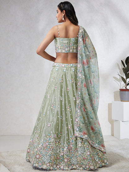 Women Lime green Chiffon Sequins and thread embroidery  Lehenga choli & Dupatta