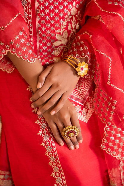 Sanjh Chanderi Embroidered Red  Suit Set