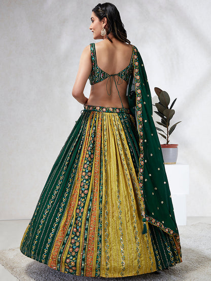 Women Green Chiffon Position print with Sequins embroidery  Lehenga choli & Dupatta