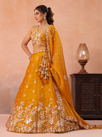 Mustard- Tissue Sequinned with Zari Embroidered Semi-Stitched Lehenga & Unstitched Blouse With Dupatta