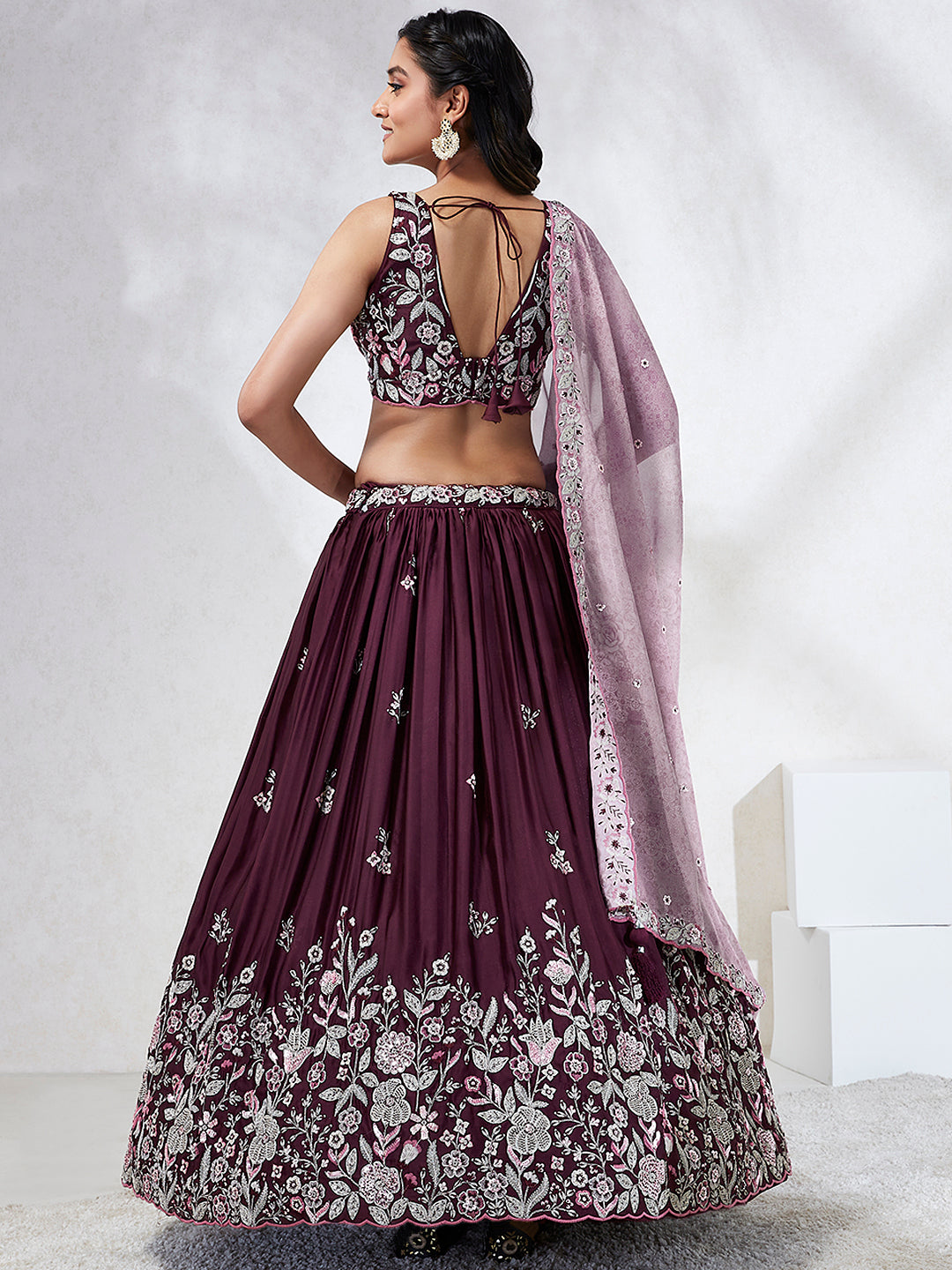 Women Burgundy Pure Georgette Sequins and thread embroidery  Lehenga choli & Dupatta