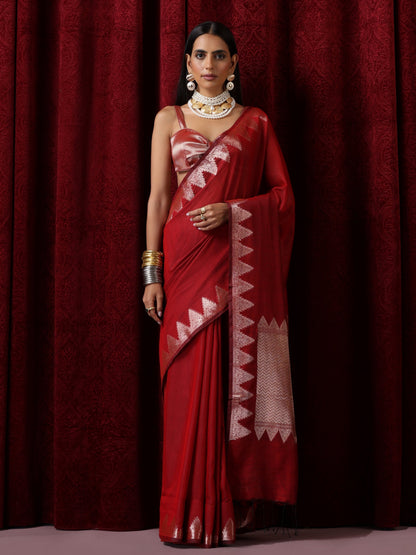 Dhiyona ST Banaras Red Temple Mul Mul Cotton Silk Saree with Blouse Fabric