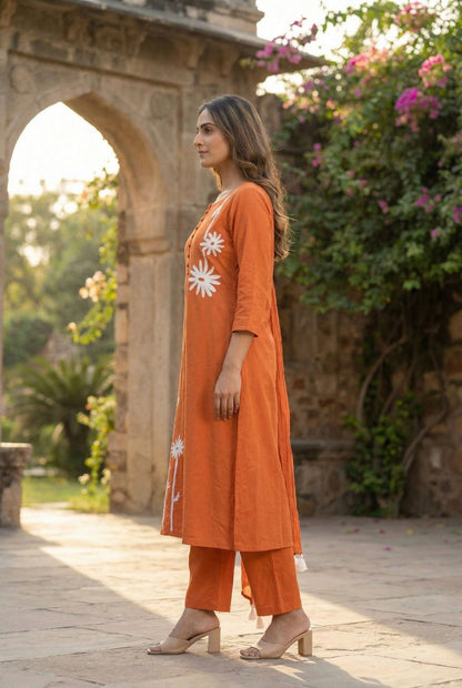 Tanu tangerine cotton embroidery suit set