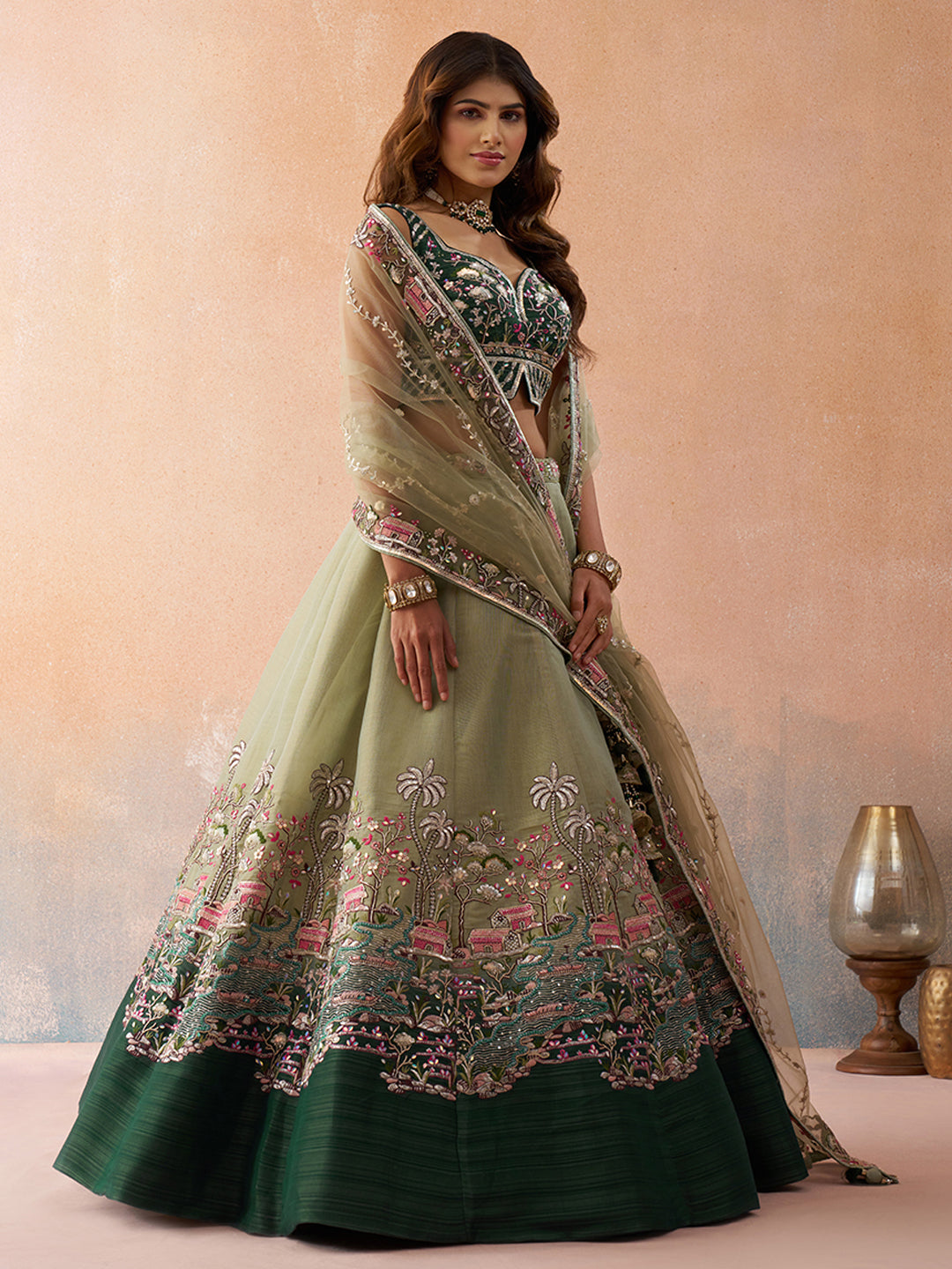 Green- Net Sequins Embroidered Omber Green and LimeGreen Semi-Stitched Lehenga choli & Dupatta