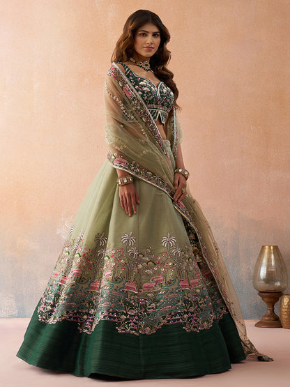 Green- Net Sequins Embroidered Omber Green and LimeGreen Semi-Stitched Lehenga choli & Dupatta