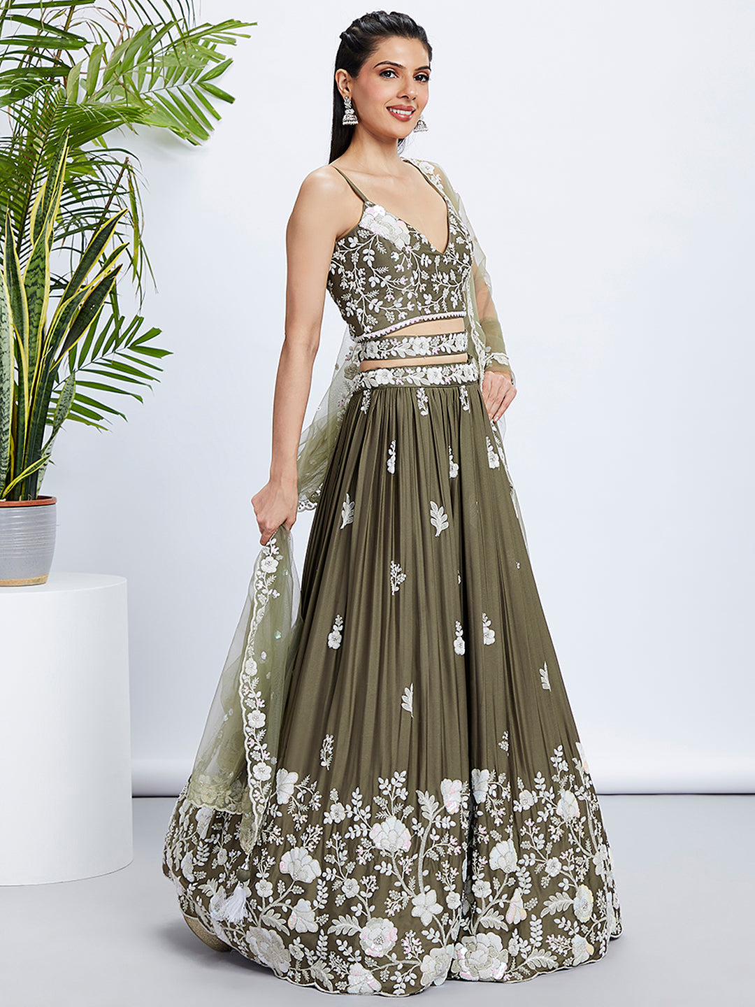 Women Olive Pure Georgette Sequins and thread embroidery  Lehenga choli & Dupatta