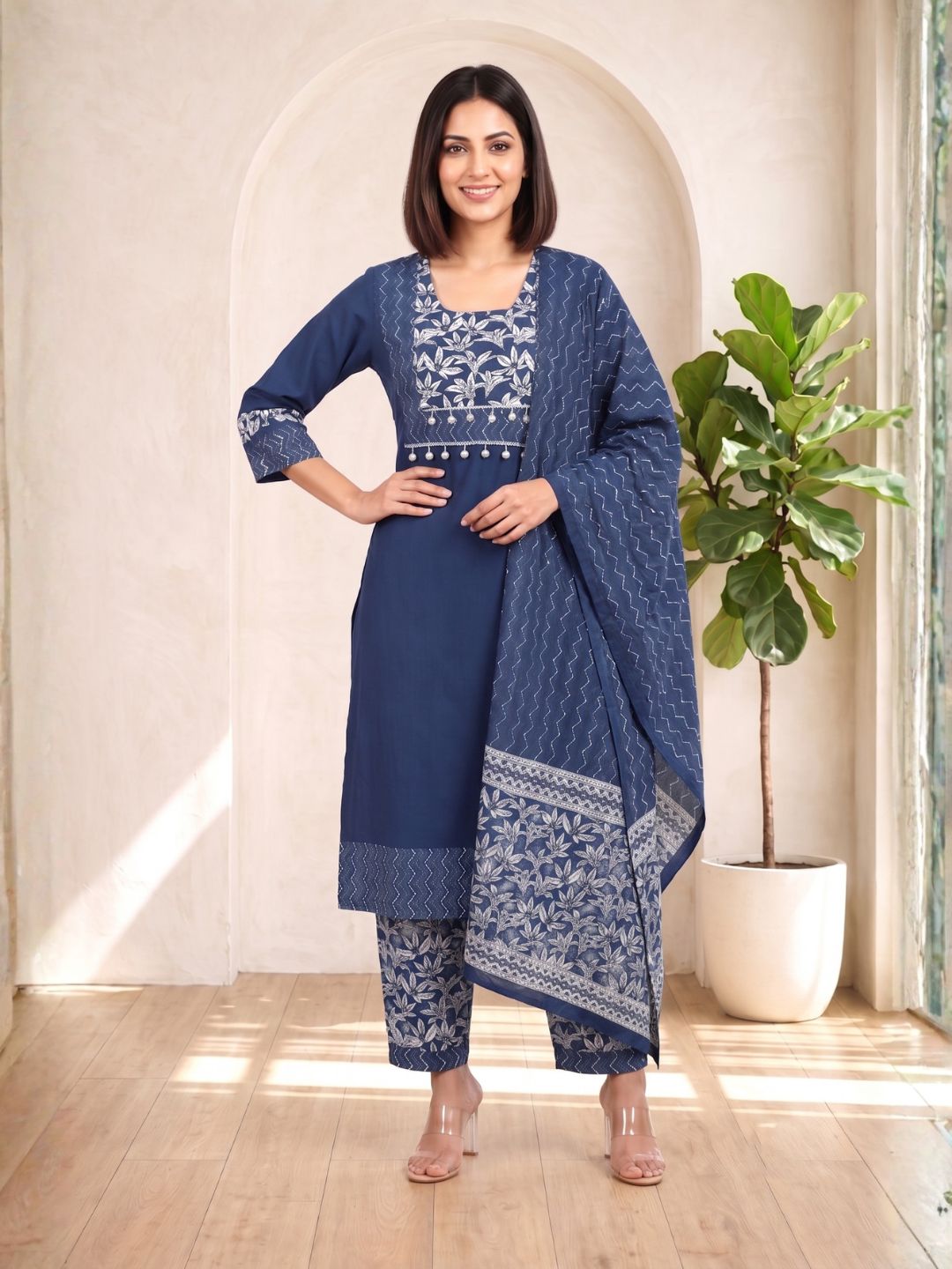 ARANYA INDIGO IKAT PRINT PURE COTTON SUIT SET
