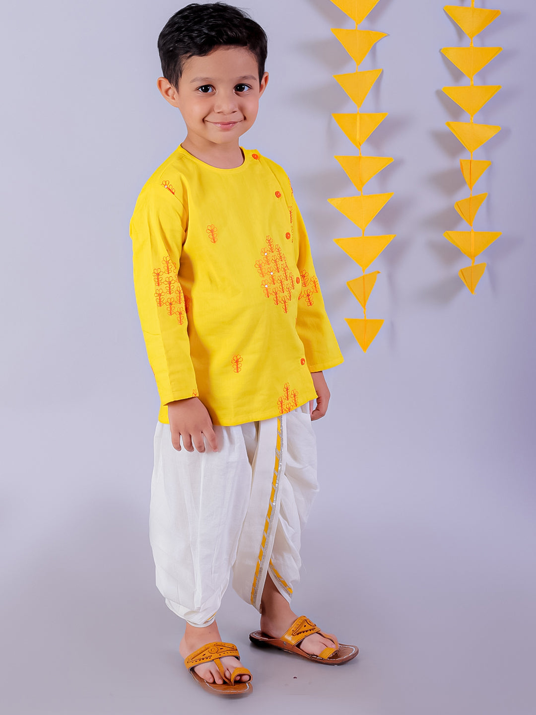 Marigold magic Yellow Boys Cotton Kurta and White Dhoti Ethnic Set