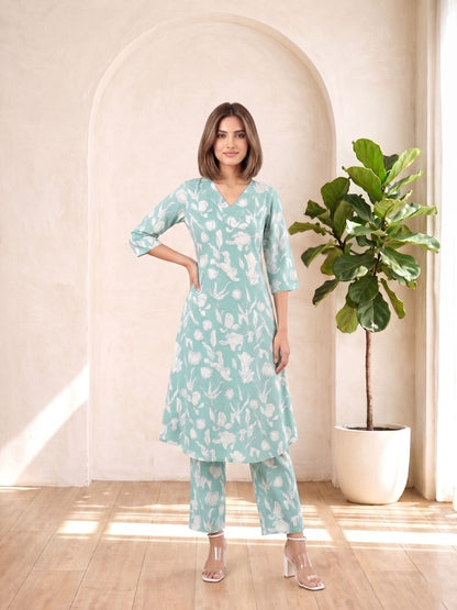 SASHA MINTY PRINTED COTTON KURTA PANT SET