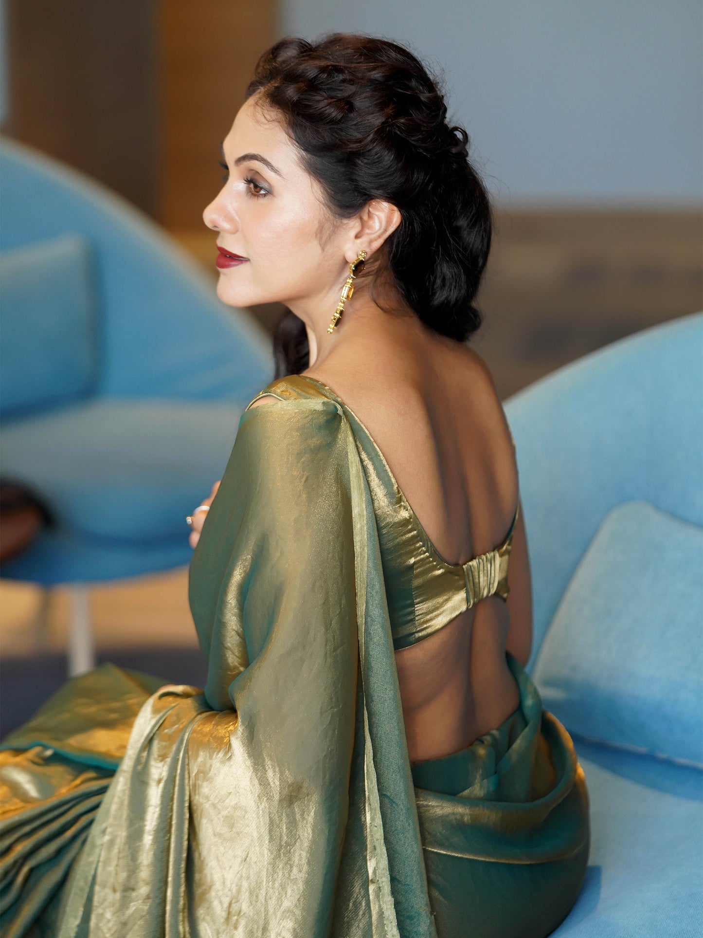 Dhiyona ST Green Copper Metallic Satin Saree with Leaf Sequins and Blouse Fabric