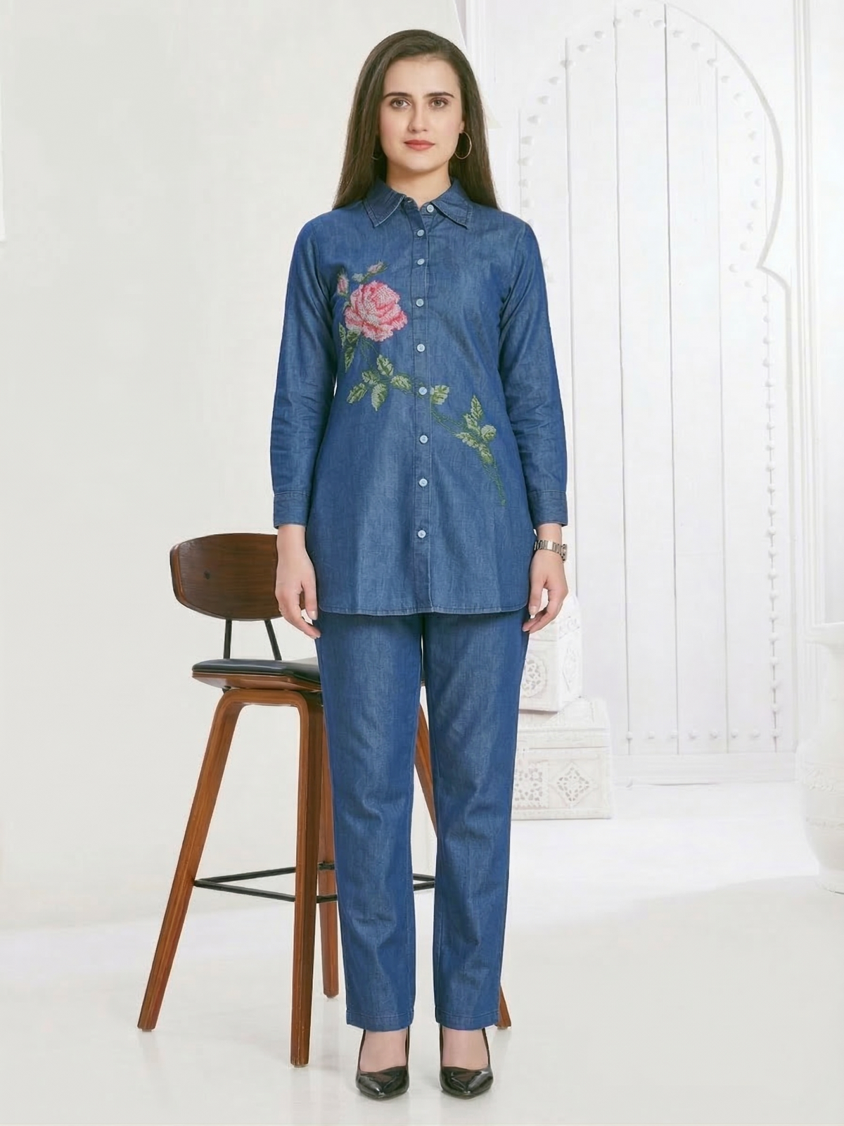 Kipling rose embroidery denim co-ord set