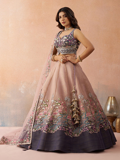Purple- Net Sequins Embroidered Omber Purple and Mauve Semi-Stitched Lehenga choli & Dupatta