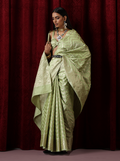 Dhiyona ST Pure Silk Green Chevron Saree with Blouse Fabric