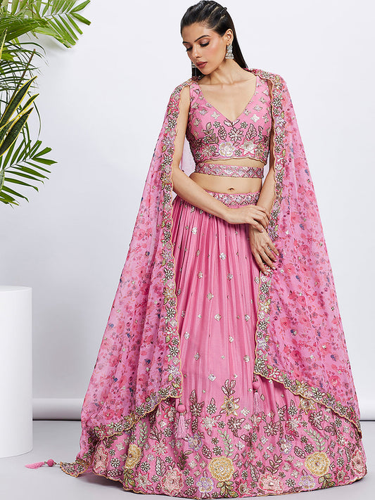 Women Pink Chiffon Sequins and thread embroidery  Lehenga choli & Printed Dupatta