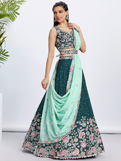 Women Green Pure Chiffon Sequins and thread embroidery  Lehenga choli & Dupatta