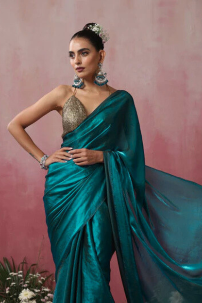 Dhiyona ST Green Metallic Satin Saree with Pendants and Blouse Fabric