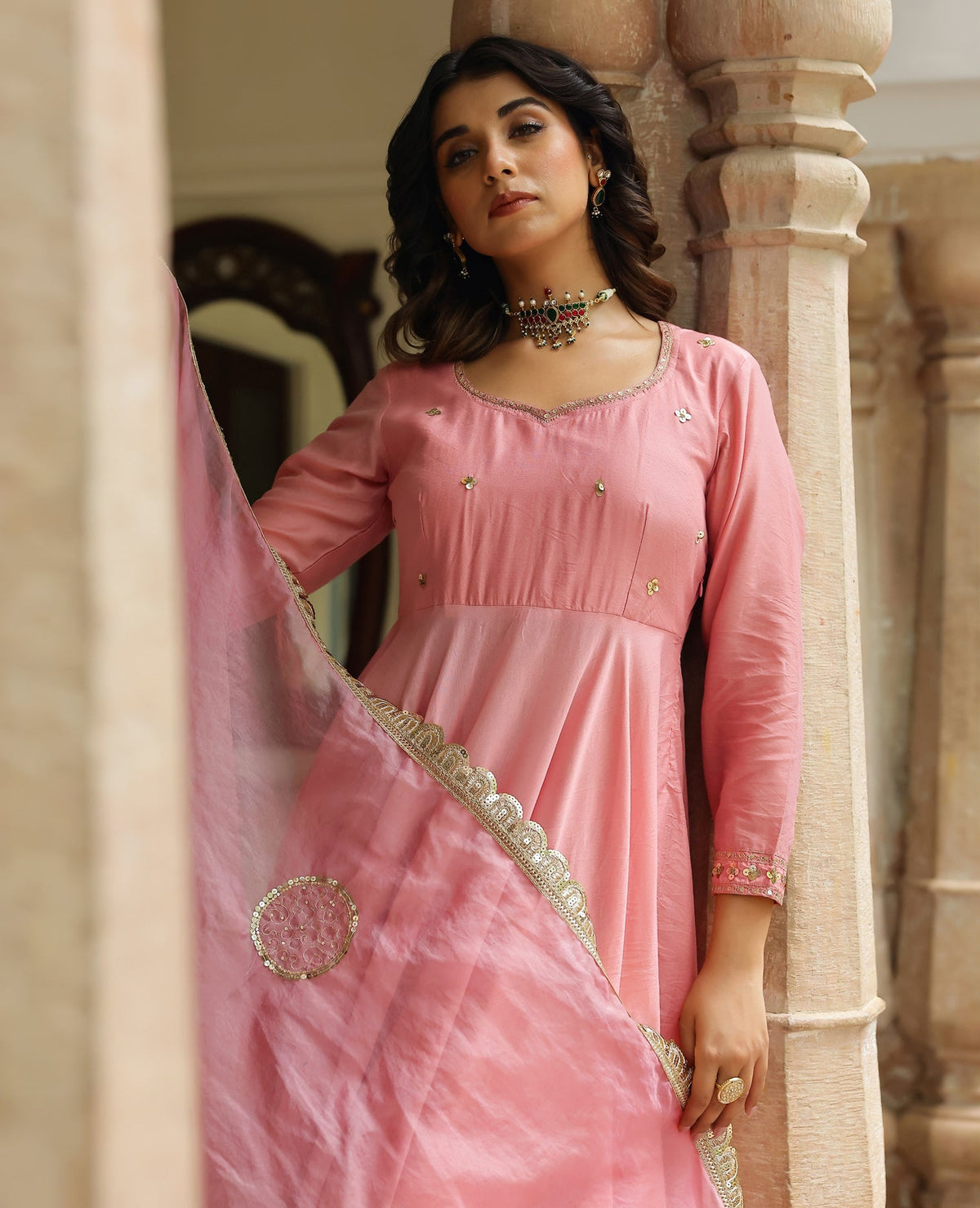 Leher Rose Pink Chanderi Suit Set