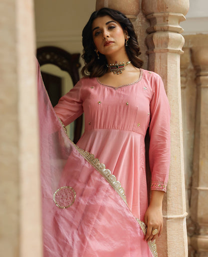 Leher Rose Pink Chanderi Suit Set