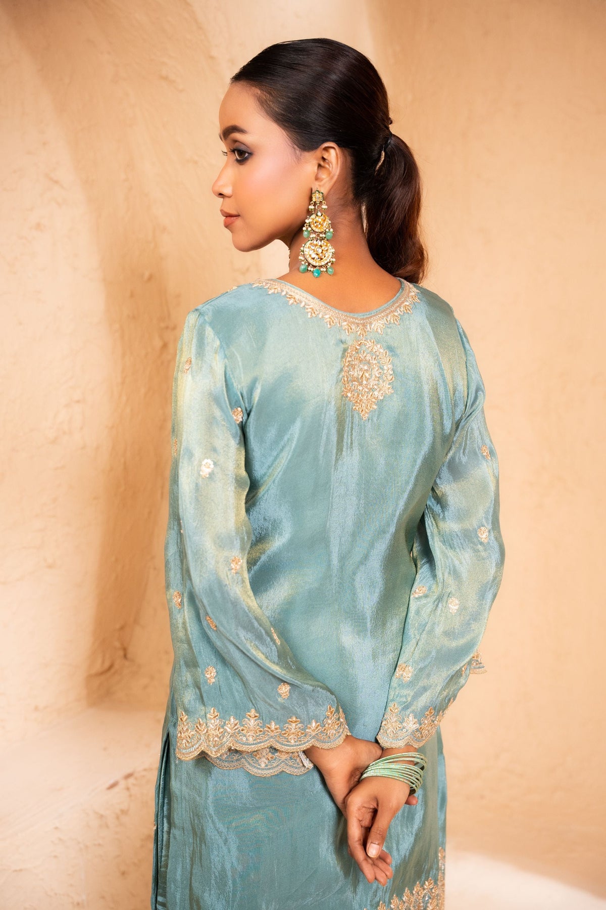 Leher Tissue Embroidered Sky Blue  Suit Set