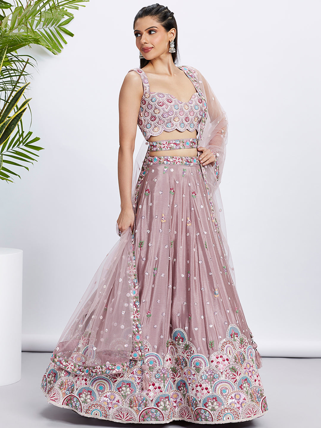 Women Mauve Pure Chiffon Sequins and thread embroidery  Lehenga choli & Dupatta