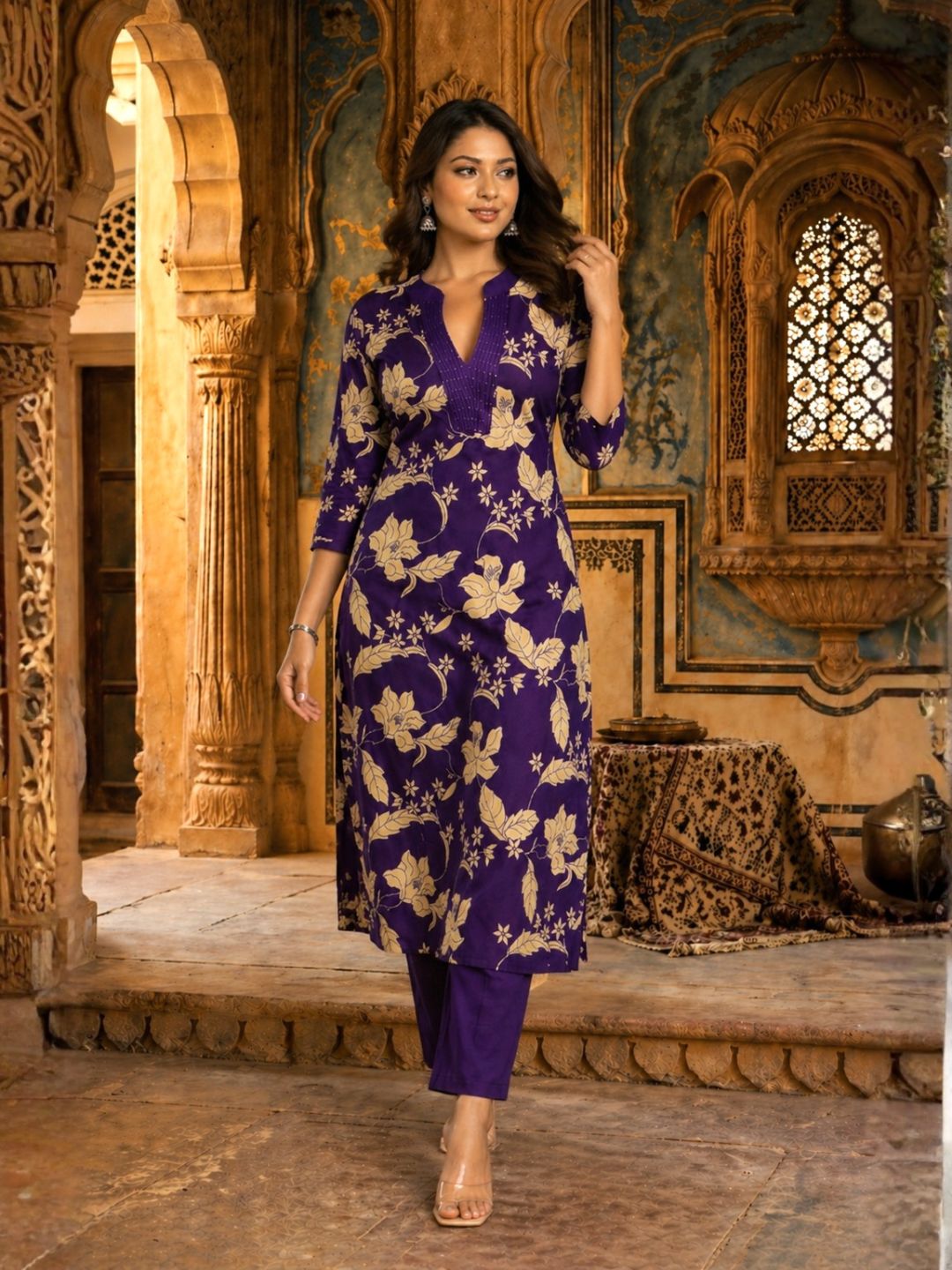 SASHA ORCHID PRINTED COTTON KURTA PANT SET