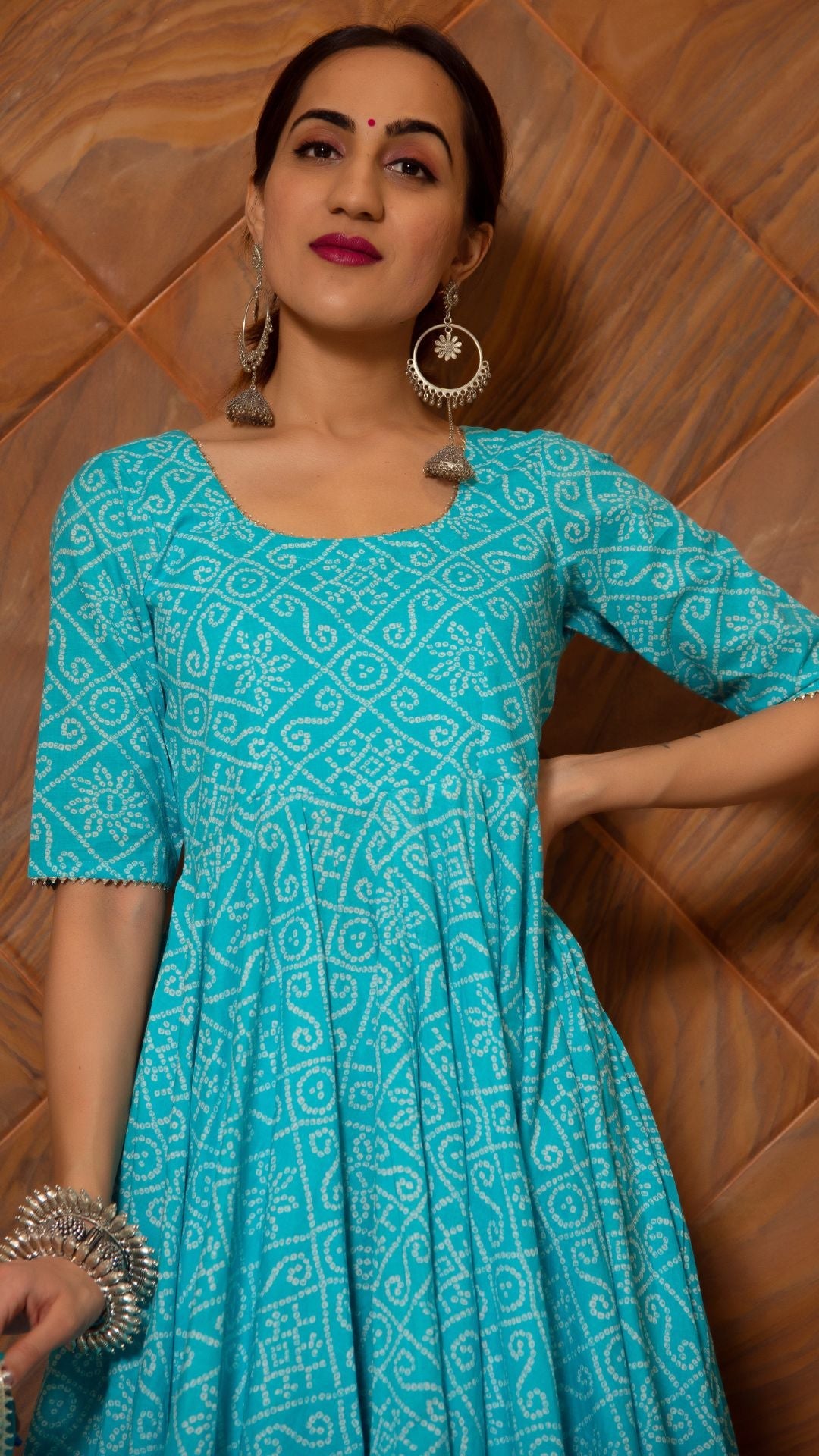 Bandhej Blue Cotton Anarkali Set