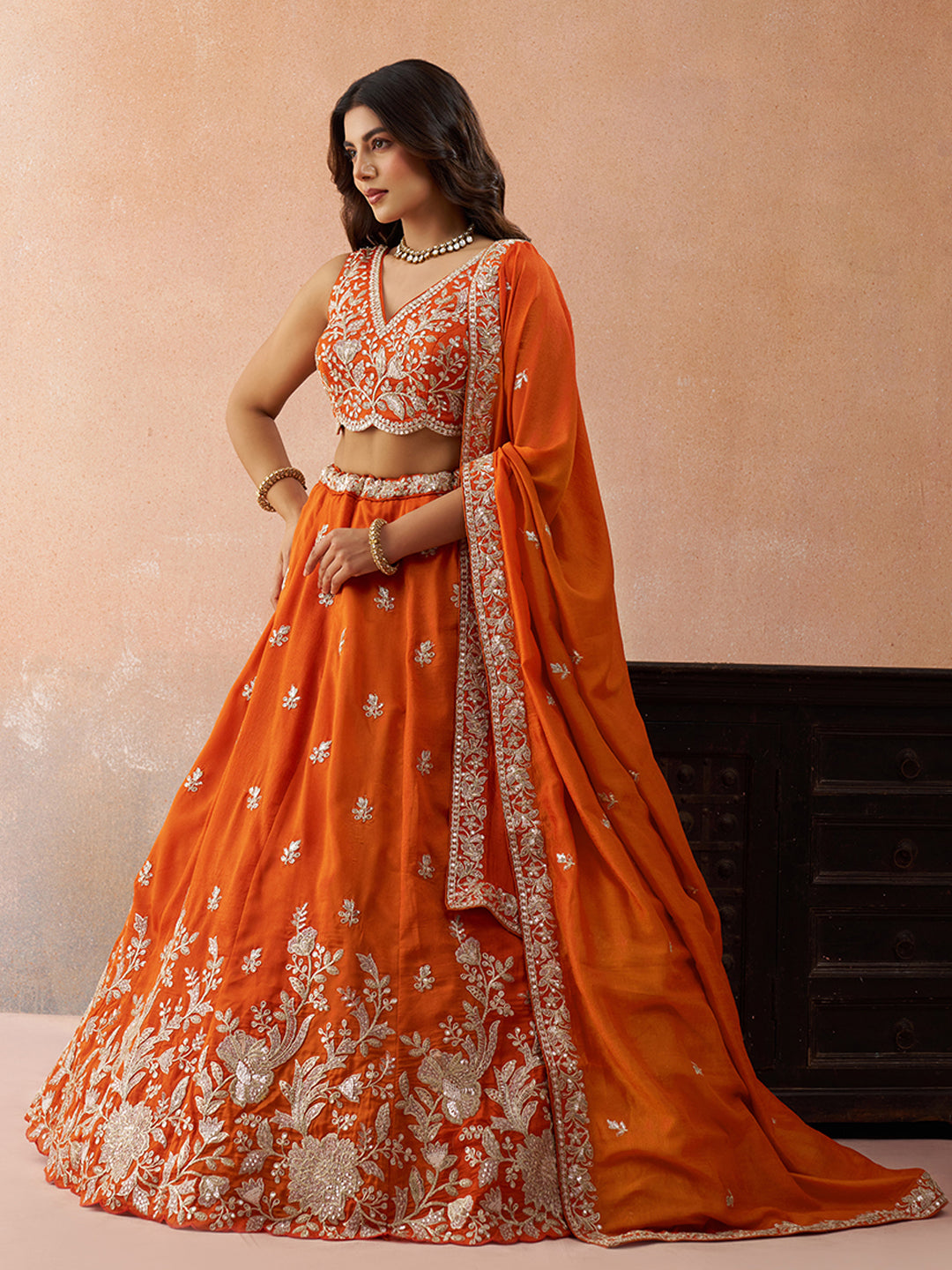 Orange- Tissue Sequinned with Zari Embroidered Semi-Stitched Lehenga & Unstitched Blouse With Dupatta