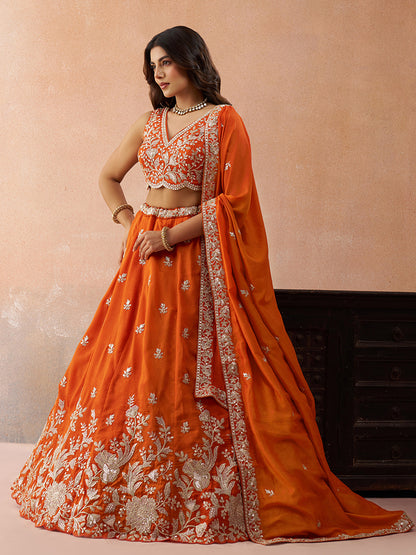 Orange- Tissue Sequinned with Zari Embroidered Semi-Stitched Lehenga & Unstitched Blouse With Dupatta