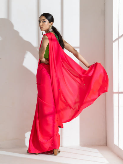 Dhiyona ST Hot Pink Satin Saree with Rainbow Beads and Green Sequin Blouse Fabric