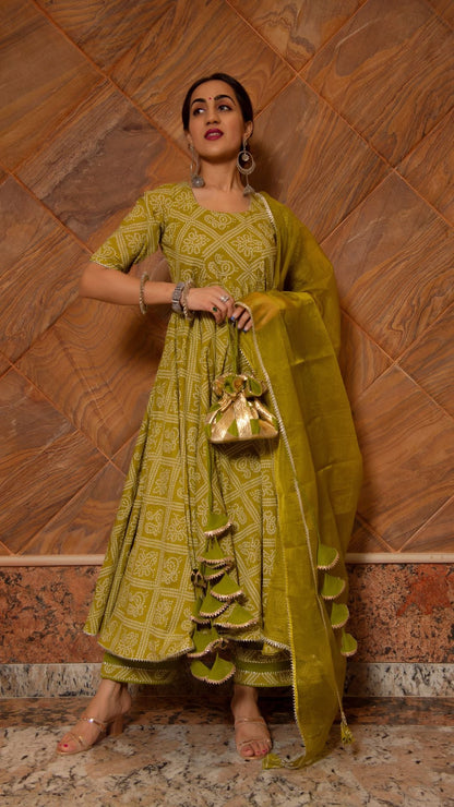 Bandhej Mehendi Green Cotton  Anarkali Set