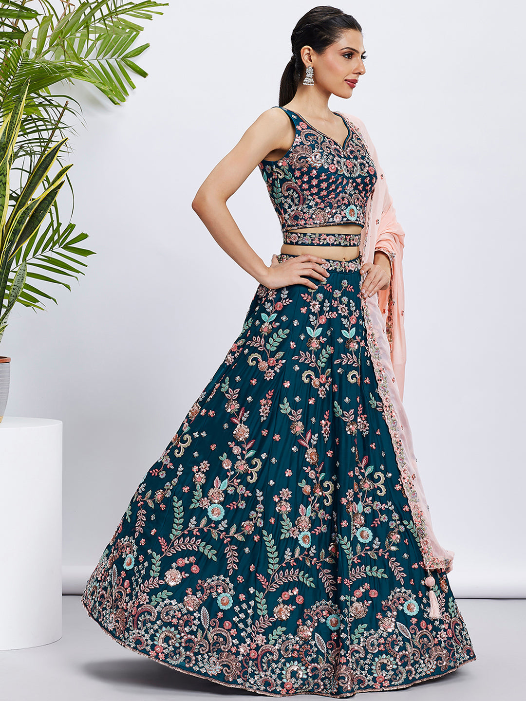 Women Teal Pure Georgette Sequins and thread embroidery  Lehenga choli & Dupatta
