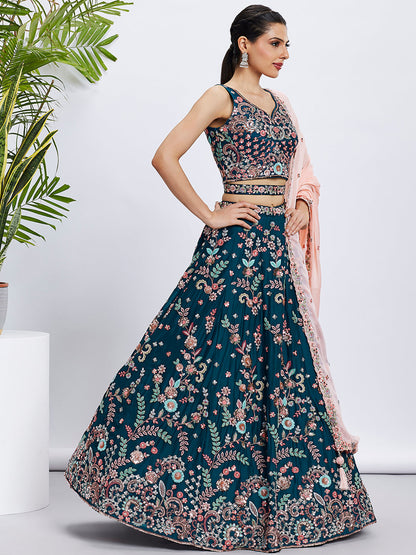 Women Teal Pure Georgette Sequins and thread embroidery  Lehenga choli & Dupatta